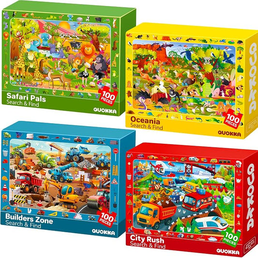100 Piece Puzzles for Kids Ages 4-6 - 4 Jigsaw Kids Puzzles Ages 6-8 | Search and Find Educational Kids Puzzles Ages 5-8 with Animals and Cars – Toddler Learning Toy Gift for Boys and Girls