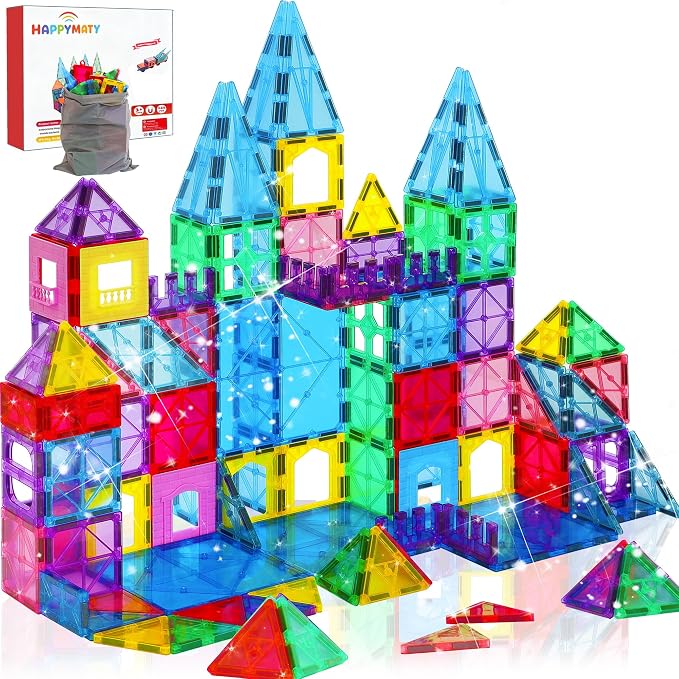 Antibacterial Magnetic Tiles 124PCS with 4 XL Squares, STEM Toy | Bacteria Resistant, EPA-registered, Toddler-Safe, 3D Large Construction Education Building Blocks Set, Clean Play for Kids