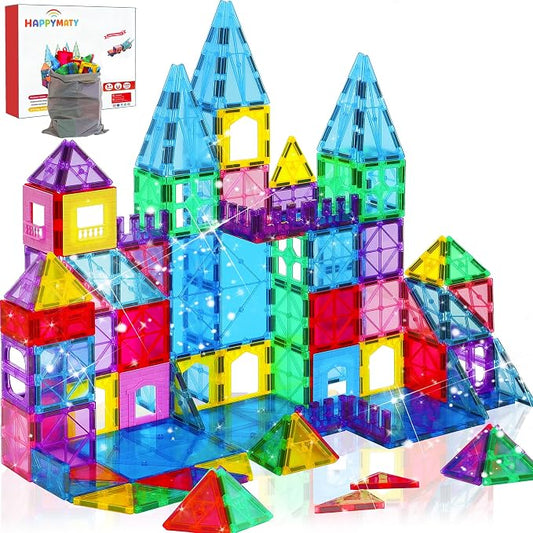 Antibacterial Magnetic Tiles 124PCS with 4 XL Squares, STEM Toy | Bacteria Resistant, EPA-registered, Toddler-Safe, 3D Large Construction Education Building Blocks Set, Clean Play for Kids