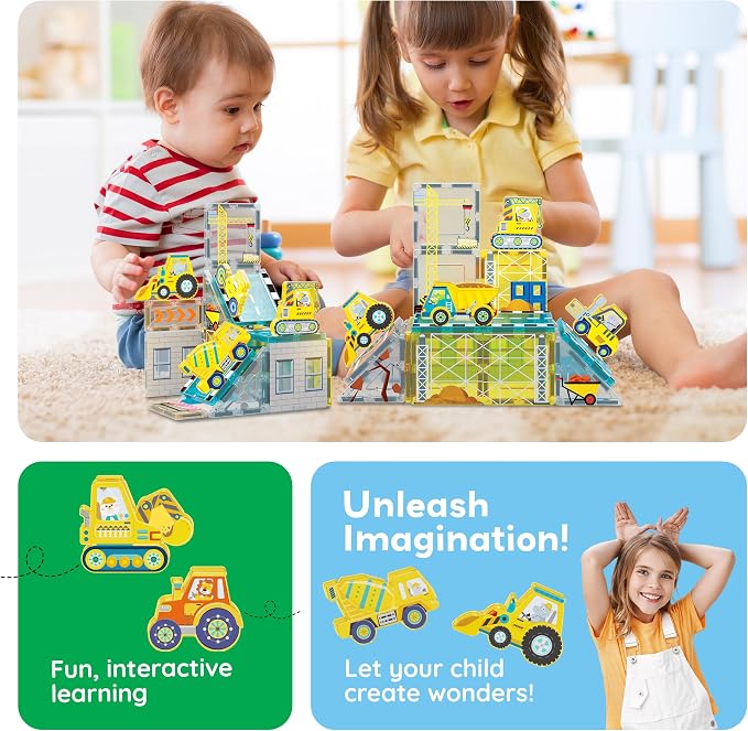 PicassoTiles Magnet Tiles Magnetic Building Blocks with 8 Construction Vehicles Crank Truck Excavator Bulldozer Road Roller Concrete Mixer Tractor Dump Truck Forklift Toys Learning Kids Ages 3+ PTQ11 | 8 trucks, crane, excavator, bulldozer, dump, road ...