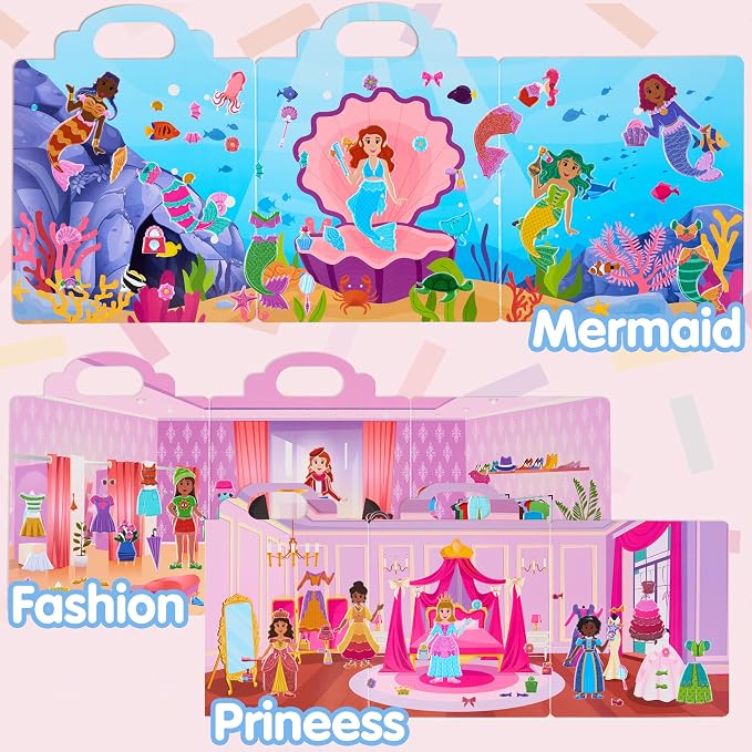 JOYIN 3-Pack Dress-Up Reusable Sticker Book for Toddlers, 3D Sticker Book for Kids 3 4 5, Travel Essentials, Airplane Activity Toys, Crafts Gifts, Birthday Gifts - Fashion, Mermaid, Princess