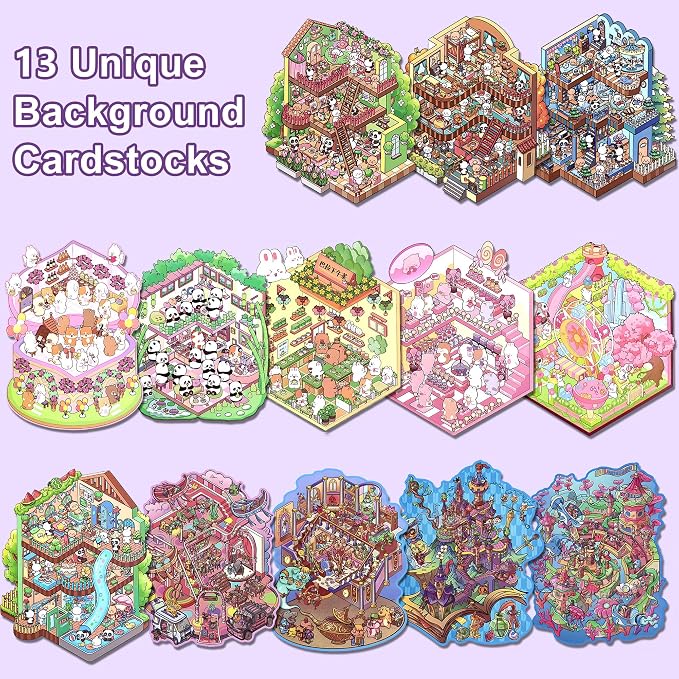 Scene Sticker – 20 Sets of DIY 3D House Scenes Cute Cartoon Stickers Kit for Kids & Adults – Fun Sticker Therapy Activity for Stress Relief, Crafts & Gifts (Purple-13 Scene)