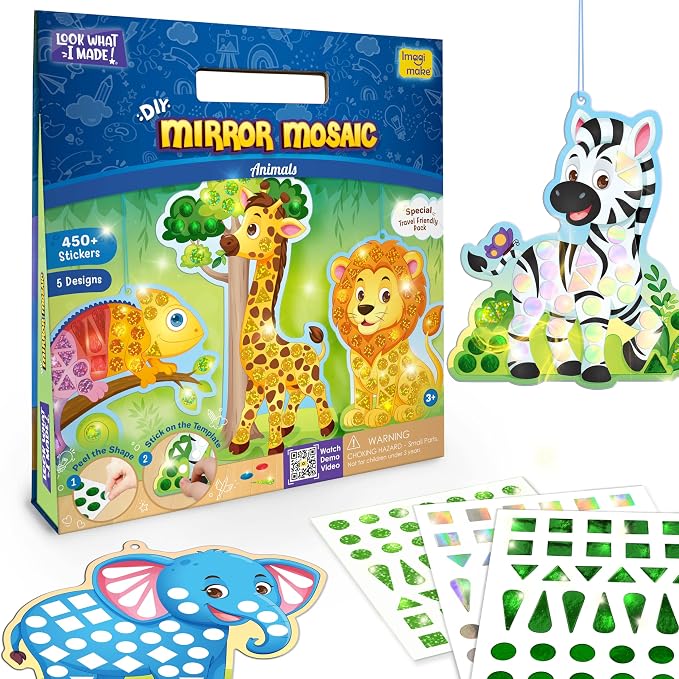 Imagimake Mirror Mosaic - Animals, 5 Templates, 450+ Stickers | Mess-Free Craft Activity, Screen-Free Creative Art Kit for Kids, Birthday Gift for Boys & Girls Ages 3,4,5,6,7 Years Old
