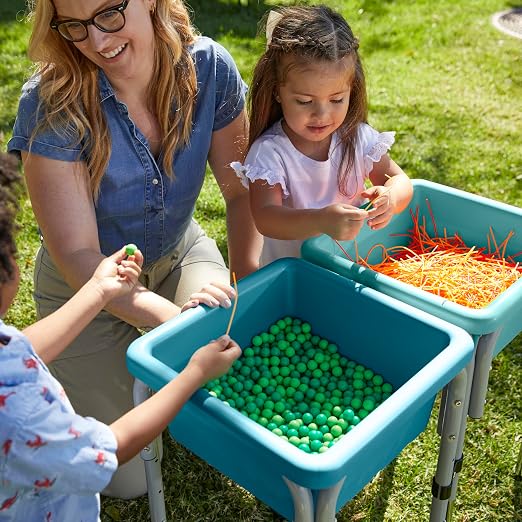 ECR4Kids 2-Station Sand and Water Adjustable Play Table, Sensory Bins, Seafoam/Turquoise | Durable plastic/steel, GREENGUARD Gold Certified, 3-5 years, 80 lb capacity, adjustable legs, easy-lift lids, indoor/outdoor