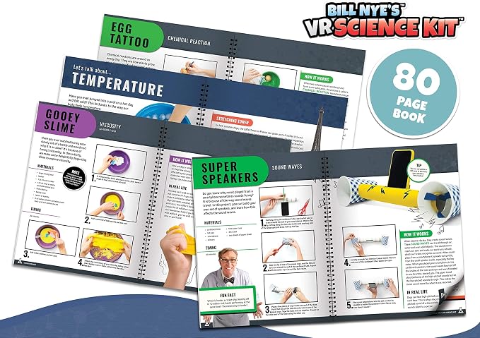 Abacus Brands Bill Nye's VR Science Kit - Kids STEM Set, Gift Ages 8-12 | 30 Hands-on Experiments, 50-Piece Activity Lab, 80-pg Interactive Book, Virtual Reality Goggles Incl., Chemistry & Physics