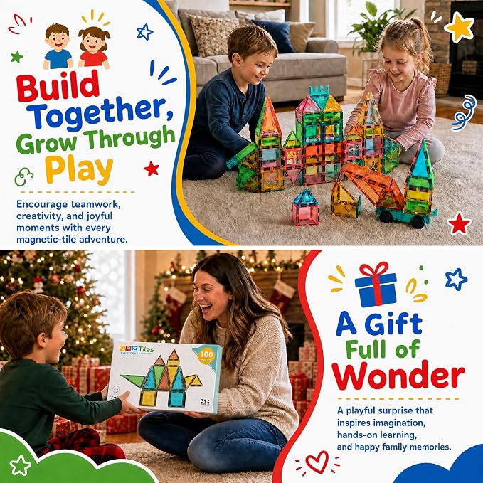 100-Piece Magnetic Tiles, STEM Building Blocks Construction Set | Encourages creativity, imaginative play, and early learning through hands-on exploration