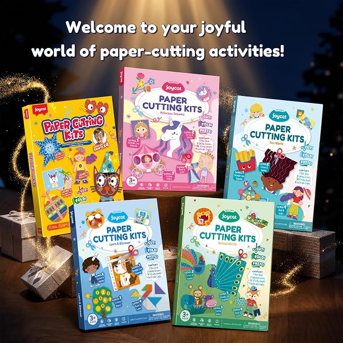 JoyCat Scissor Skills Activity Kit, Toddler Scissors Ages 3-5, Happy Days | Preschool workbook with 34 cutting activities, scissors for kids and glue for 4-level everyday toddler arts and crafts.