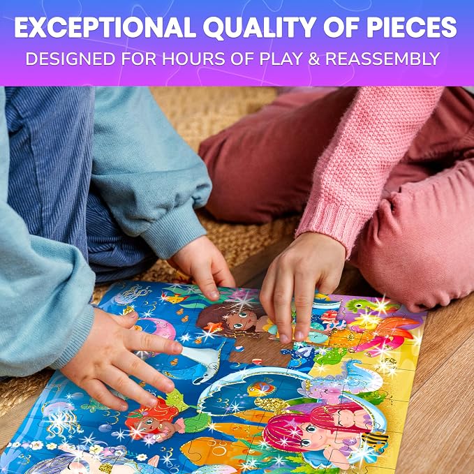 60 Piece Puzzles for Kids Ages 4-6 - 4 Glitter Toddler Puzzles Ages 3-5 | Unicorn, Princess and Animals Jigsaw Puzzles for Children Ages 6-8 - Gift Educational Game for Boys and Girls