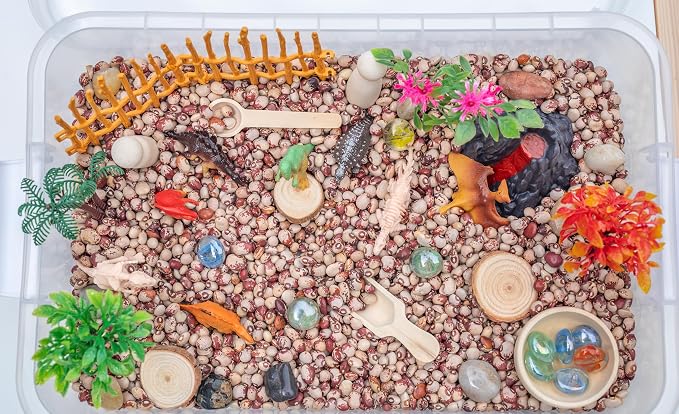 Dinosaur Sensory Bin Kit for Kids | Taste-Safe Pinto Beans, Fossil Skeletons, Trees, Volcano & Durable Wooden Tools – Includes Storage Bin