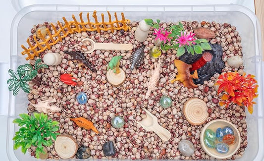 Dinosaur Sensory Bin Kit for Kids | Taste-Safe Pinto Beans, Fossil Skeletons, Trees, Volcano & Durable Wooden Tools – Includes Storage Bin