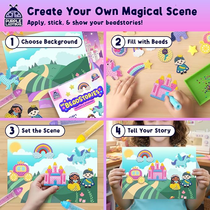 Unicorn Princess BeadStories - Magical Beads Painting Kit For Kids, Bead Mosaic Art Birthday Gift For Girls Ages 4 5 6 7 8-12 Years Old, Fun Craft Activity Kit, Summer Activities for Kids