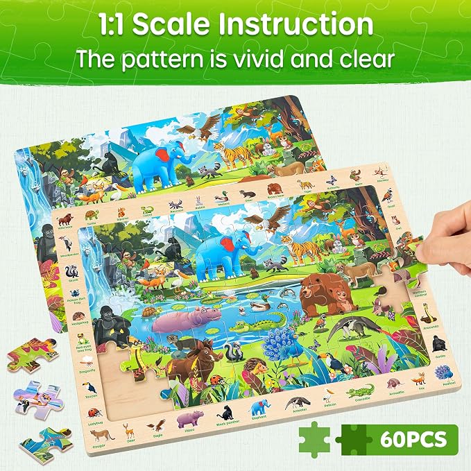 SYNARRY Wooden Puzzles for Kids Ages 4-6, 4 x 60 Piece Match & Find Puzzles for Kids Ages 3-5 Boy Girl, Educational Easter Gifts for 4-8 Year Olds, Learning Jungle Savannah Polar Animals & City Life
