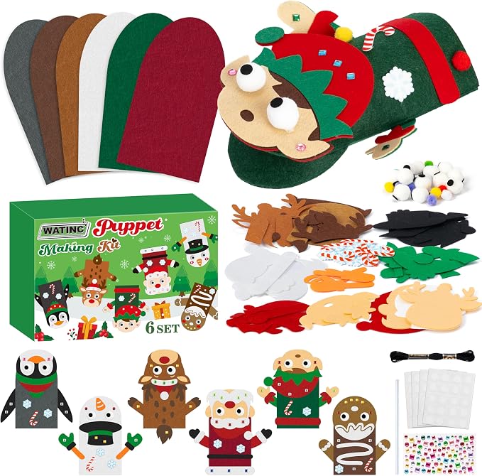 WATINC Hand Puppet Making Kit, Felt Sock Puppet Toys for Kids (Christmas) | 6 Styles, Make Your Own Storytelling & Role Play Crafts, Creative Group Activity, Party Favors & Gifts for Kids Ages 4-8