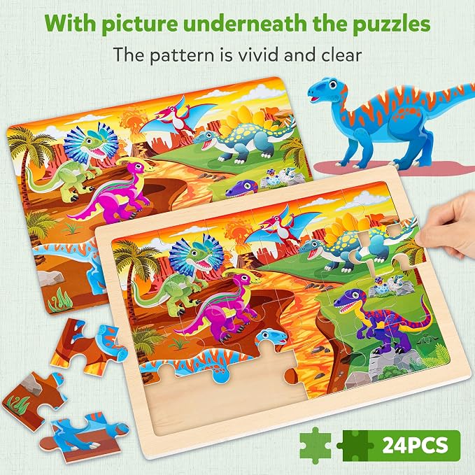 SYNARRY Large Dinosaur Wooden Puzzles for Kids Ages 4-6, 4-in-1 Gift Set | Dinosaur Puzzles for Toddlers & Kids Ages 3-5, Birthday Gifts for Boys & Girls, Educational Dinosaur Toys, Screen-Free Play