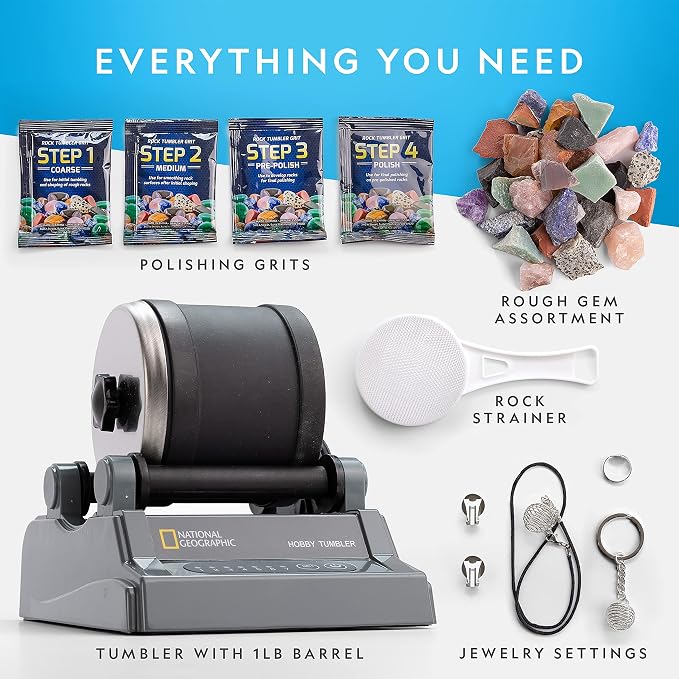 National Geographic Hobby Rock Tumbler Kit for Kids and Adults Ages 8+ | Rough Gemstones, 4 Polishing Grits, Rock Polisher, Geology Science Kit, Rock Tumbling for Kids and Adults, Birthday Gift