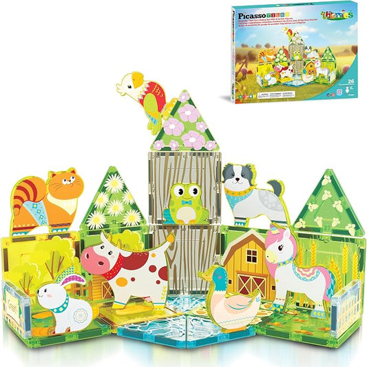 PicassoTiles 26 Piece Magnetic Tiles, Fall Farm Set with 8 Animals, Ages 3+ | 18 printed autumnal designs, rabbit, duck, parrot, frog, unicorn, cat, cow, dog, BPA-free, full-size compatibility, STEM play