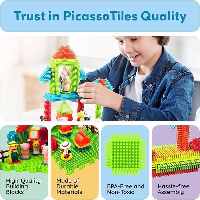 PicassoTiles PTB100 100pcs Hedgehog Shape 3D Building Blocks Tiles Farm Theme Set Learning Playset STEM Toy Set Educational Kit Child Branin Development Preschool Kindergarten Toy