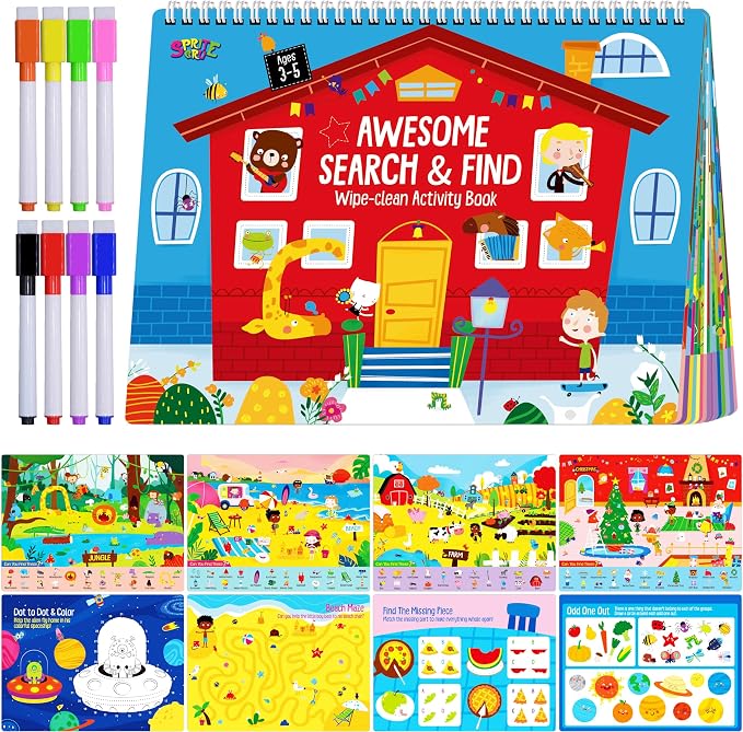 Search & Find Book, 15 Different Searching Games & 15 Fun Activity Games, Montessori Learning Toy Educational Game Travel Toys for Autism Sensory, Preschool, Girls and Boys 3+ (8 Markers Included)