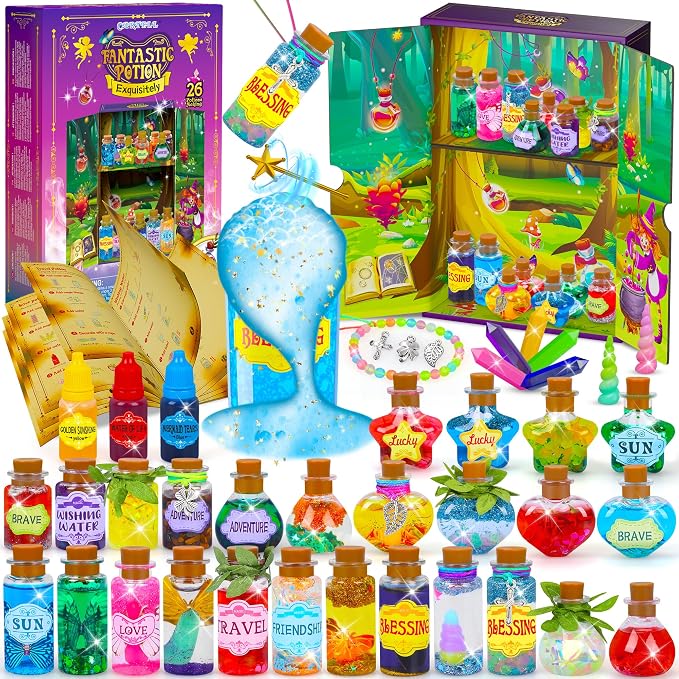 CARTELL Fairy Magic Potions Kit for Kids, Potions Craft Kit Age 6-10 | 26 DIY Mixed Wizard Potion Bottles, Mystery Potions Kit, Christmas Decorations Gifts for 6 7 8 9 10+ Year Old Girls Boys