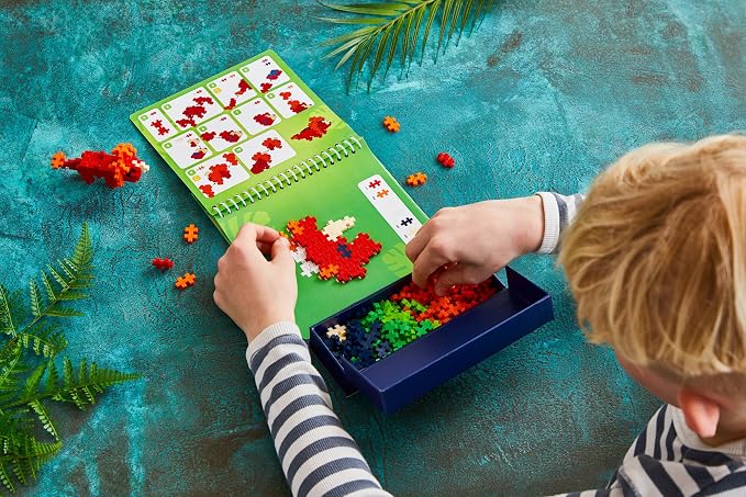 PLUS PLUS Puzzle By Number Activity Pad, Dinosaurs | Airplane Activities & Roadtrip Essentials for Kids, Interlocking Mini Building Blocks, 2D 3D Puzzle Stem Toy