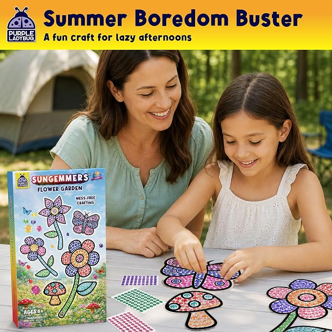 SunGemmers Suncatcher Kit for Kids, Mess-Free Crafts for Kids Ages 4-8 | 5 Designs, Hundreds of Peel & Stick Colorful Gems, Hand-Eye Coordination, Screen-Free Activity, 5 Year Old Girl Birthday Gift