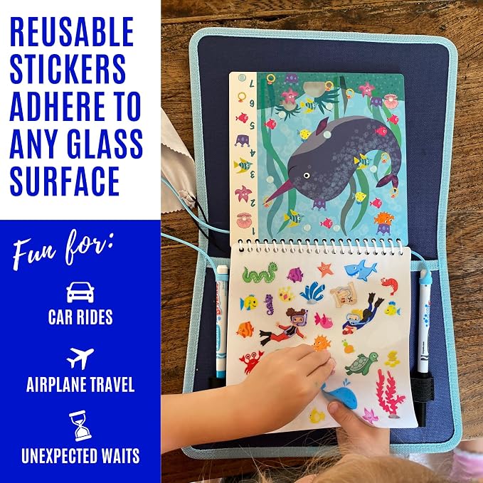 Totebook Kids Travel Activity Kit with Tethered Dry Erase Markers - Mess Free Car & Plane Activities for Toddlers Ages 4-6, Reusable Stickers, Mazes, Search and Find (Ocean Theme)