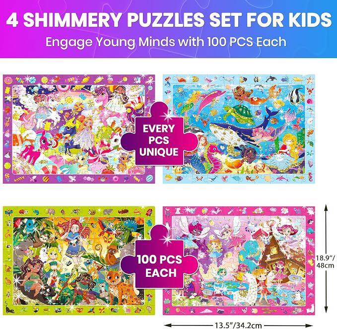 QUOKKA 100 Piece Puzzles for Kids Ages 4-6 – 4 Set Princess Puzzles for Kids Ages 6-8 with Unicorn, Mermaid, Fairy – Search and Find Jigsaw Game for Girls 5-8 – Learning Toy Gift for Toddlers 3-5