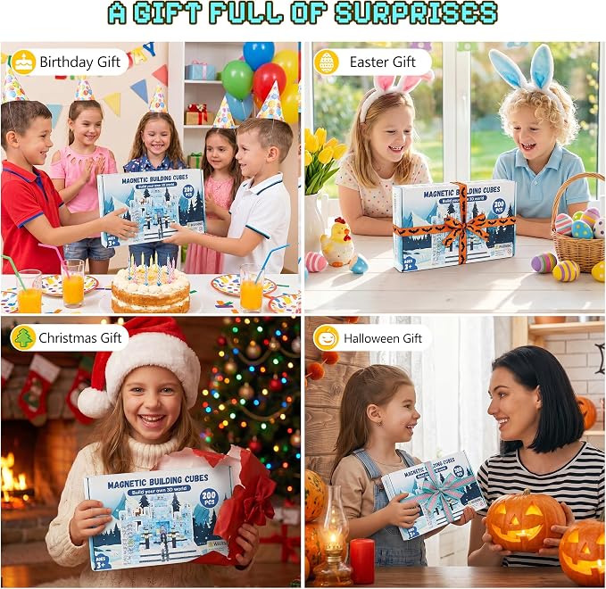 200PCS Magnetic Blocks, Magnetic Building Blocks, 0.78in Magnetic Building | STEM Game Stacking Toys for Kids, Birthday Gifts for Boys and Girls Age 3+ Years Old (ICE, Count, 200)