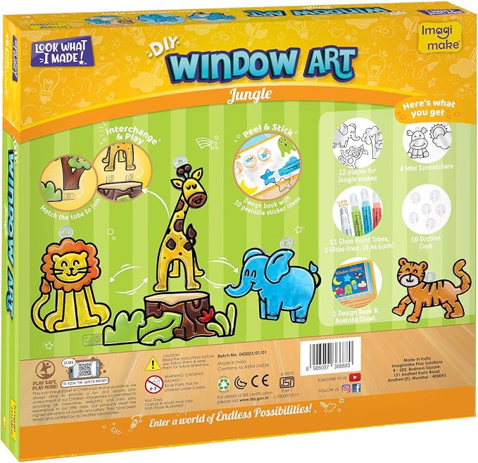 Imagimake Window Art - Jungle, DIY Mess-Free 16 Pieces Suncatcher Kit | Stained Glass Painting Craft Activity for Kids, Birthday Gift for Boys & Girls Ages 5,6,7,8,9,10,12 Years Old