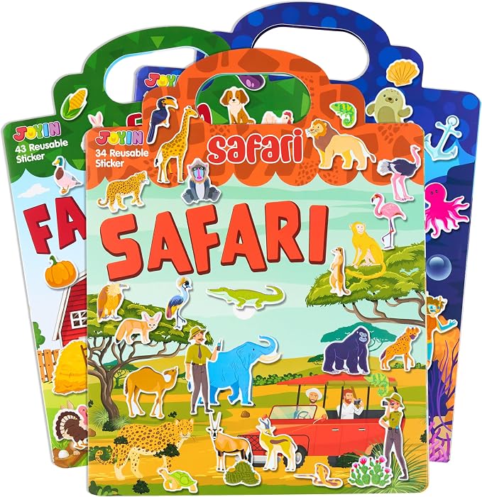 JOYIN 3-Pack Animal Reusable Sticker Book for Toddlers, 3D Sticker Book for Kids 3 4 5, Travel Essentials, Airplane Activity Toys, Crafts Gifts, Birthday Gifts - Farm, Ocean, Safari