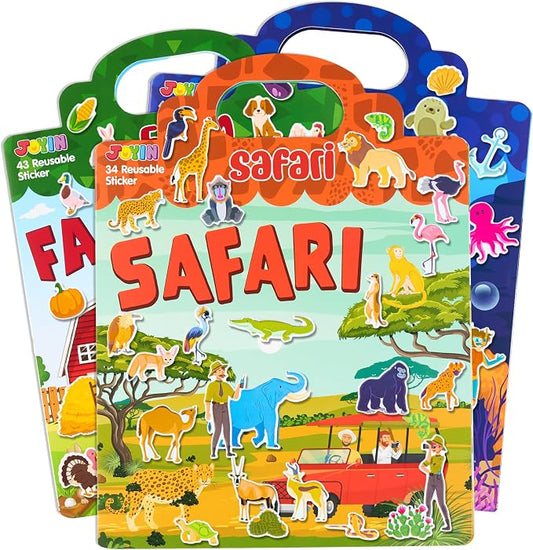 JOYIN 3-Pack Animal Reusable Sticker Book for Toddlers, 3D Sticker Book for Kids 3 4 5, Travel Essentials, Airplane Activity Toys, Crafts Gifts, Birthday Gifts - Farm, Ocean, Safari