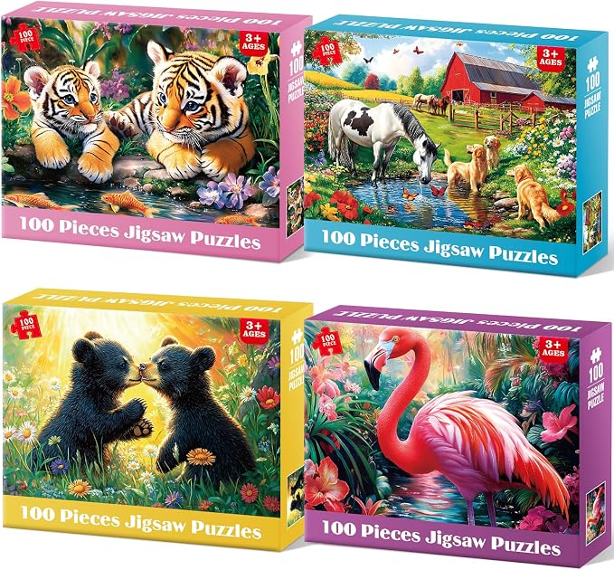 4-Pack 100 Piece Puzzles for Kids Ages 4-6 6-8 Year Old | Tigers Bears Farm Flamingos, Jigsaw Puzzles for Kids Ages 8-10, Learning Educational Children Puzzles 5-8 for Boys and Girls