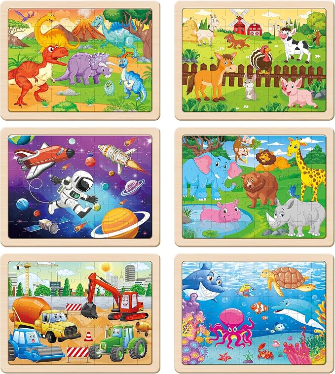 SYNARRY 6-Pack Large Wooden Jigsaw Puzzles for Kids Ages 4-6, 60-Piece | Puzzles for Kids Ages 4-8, Dinosaur, Farm, Safari Animals, Sea Life, Space & Vehicle Themes, Kids Toddlers Birthday Gifts
