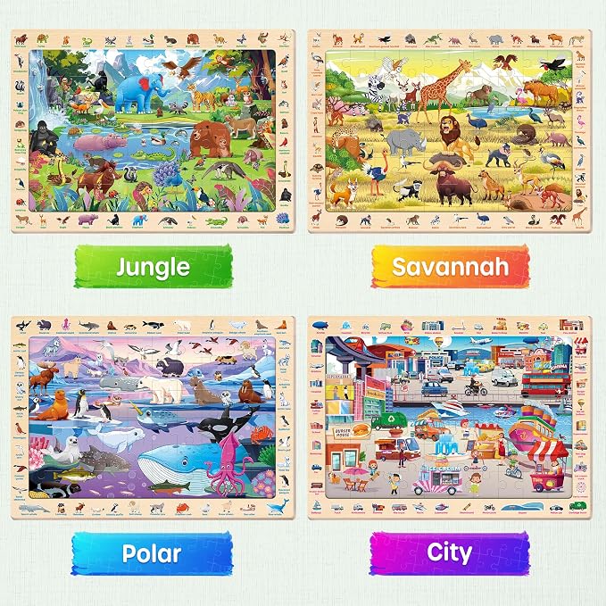 SYNARRY Wooden Puzzles for Kids Ages 4-6, 4 x 60 Piece Match & Find Puzzles for Kids Ages 3-5 Boy Girl, Educational Easter Gifts for 4-8 Year Olds, Learning Jungle Savannah Polar Animals & City Life