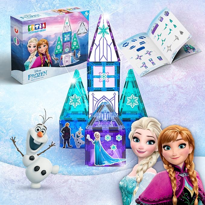 Tytan Toys Disney Frozen Magnetic Tiles Princess Castle - 41-Piece STEAM Building Set with Glitter Tiles & Elsa, Anna, Olaf Stickers - Educational Frozen Toys for Girls Age 3-4+