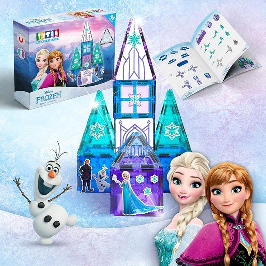 Tytan Toys Disney Frozen Magnetic Tiles Princess Castle - 41-Piece STEAM Building Set with Glitter Tiles & Elsa, Anna, Olaf Stickers - Educational Frozen Toys for Girls Age 3-4+