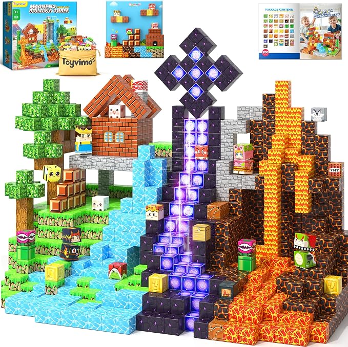 200PCS Magnetic Blocks Educational Toys for Kids Ages 3-5 4-8 3-12 Gifts | Build Mine Magnet World, STEM Sensory Stacking Toys for Kids Birthday, Back to School Gifts