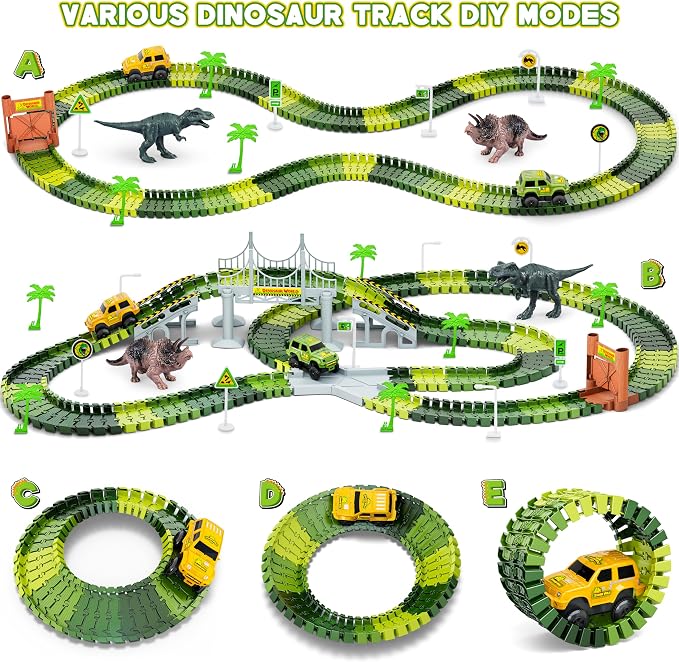 Dinosaur Tracks, 271 PCS Create A Dinosaur World Road Race Kids Boys Toys | Flexible Train Tracks Set with 2 Cool Race Cars, Dinosaur Toys for Age 3 4 5 6 7 8 Year & Up Old Boys Girls Best Gift
