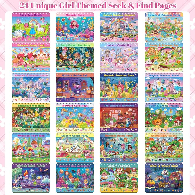 Elfew Search and Find Reusable Activity Book for Girls 3-5, 4-8 | 24 Unique Themed, With 2 Markers, Wipe Cloth & Storage Pouch, Quiet Travel Toy Gift for Toddler Kids 3-8