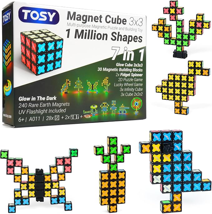 TOSY Magnet Cube 3x3 - 240 Magnets, 30 Blocks, 7in1 Toy: Puzzle Cube Game, Creative Building Blocks, Transformable Fidget Spinner, Infinity Cube, Magnet Tiles, UV Flashlight, Glowing STEM/STEAM Toy
