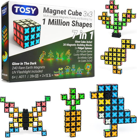 TOSY Magnet Cube 3x3 - 240 Magnets, 30 Blocks, 7in1 Toy: Puzzle Cube Game, Creative Building Blocks, Transformable Fidget Spinner, Infinity Cube, Magnet Tiles, UV Flashlight, Glowing STEM/STEAM Toy