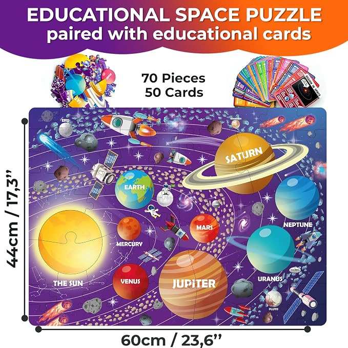Puzzles for Kids Ages 4-6 - 70 Pcs Jigsaw Preschool Kids Puzzles Ages 5-8 | 70 Pcs Jigsaw Floor Solar System Puzzle - 50 Cards with 400+ Space Facts - Planet-Shaped Educational Gift for Girls and Boys