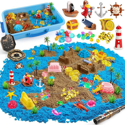 KNASON Pirate Treasure Chest Sensory Bin with Glow in The Dark Gems and Map | 2.2lbs Sensory Play Sand Kit, Sandbox with Lid, Pirate Toys, Spyglass, Compass, Sand Toys Gift for Boys Kids Ages 3-8