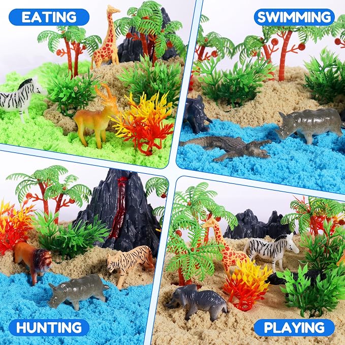 Billeeit. Animal Sensory Bin Sand Toy | Play Sand Kit w/lid and 2.2lbs Moldable Sensory Sand, Molds, Tools, Map Set 30+pcs Total, Fun Gifts for Kids 3+