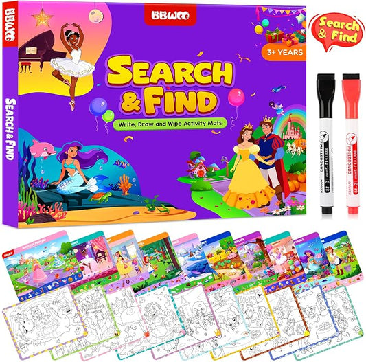 Search and Find Activity Books, 2 In 1 Princess Seek Game Coloring Books | Preschool Educational, Travel Games Toys for Car Airplane, Road Trip Activities for Kids, Birthday Gifts Kids Ages 3-8
