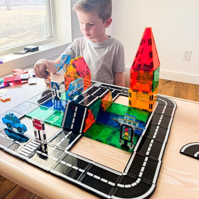 104 PCS Magnetic Tiles Road Set, STEM Magnet Toys Gift for 3+ Year Old Boys | Construction Toys for Kids Ages 3-5 5-7 4-8, Magnet Building Blocks for Toddler, Christmas Birthday Gifts for Boys Girls