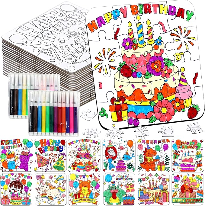 24 Sets Happy Birthday Crafts Puzzle for Kids Kit, Classroom Birthday Party Activities with Cake Hat Gift, DIY Art Color Your Own Blank jigsaw for Fall Christmas Party Favors Coloring Game Supplies