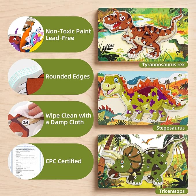 3 Pack 15.7"×8.9" Extra-Large Dinosaur Wooden Puzzle for Toddlers Age 3-5 | XL 3D Wooden Puzzle, Learn Numbers 1-20, Vivid UV Print, Non-Toxic Paint, CPC Certified, T-Rex Stegosaurus Triceratops