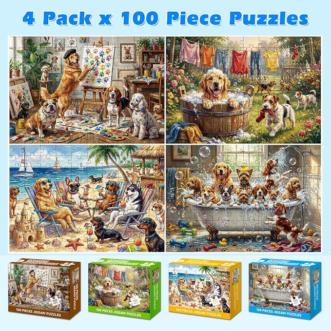 4-Pack 100 Piece Puzzles for Kids Ages 4-6 6-8 8-10, Funny Dogs 100 Piece Puzzles for Seniors Adults, Cute Animals Large Piece Kids Puzzles 100 Pieces for Seniors Adults Family Game Gifts (15x10 in)