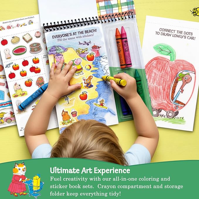 Bright Stripes Richard Scarry Art on the Go Travel Coloring Kit, Ages 3+ | Sticker activity set with crayons, screen-free creative play designed to entertain little ones and older preschool children
